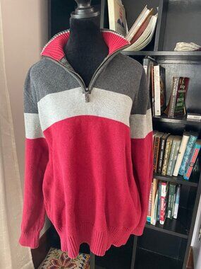 Eddie Bauer Cotton Quarter 1/4 Zip Sweater XL Mens Red Gray Pullover Knit Y2K